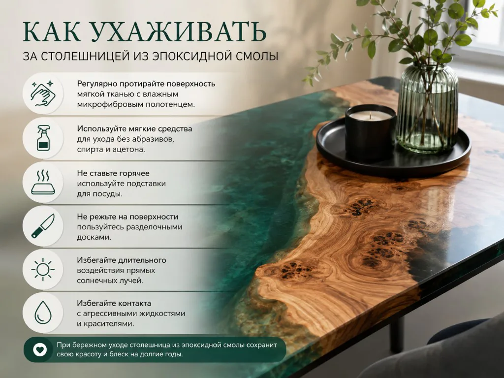 Инфографика: как ухаживать за столешницей из эпоксидной смолы — шесть правил ухода